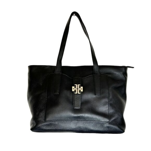 Tory Burch Meyer Plaque Pebbled Leather Tote Bag in Black - Picture 2 of 11